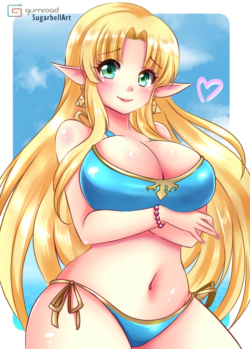 \||/ artist_name bikini blonde_hair blue_bikini blush border bracelet breast_hold breasts cleavage closed_mouth commentary cowboy_shot earrings elf english_commentary female forehead gold_trim green_eyes gumroad_logo gumroad_username heart highres jewelry large_breasts long_hair looking_at_viewer midriff mixed-language_commentary nail_polish navel outside_border parted_bangs pink_nails pointy_ears princess princess_zelda side-tie_bikini_bottom simple_background smile solo standing sugarbell swimsuit the_legend_of_zelda the_legend_of_zelda:_breath_of_the_wild thighs triforce triforce_earrings very_long_hair white_border