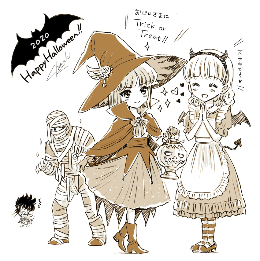 2020 2boys 3girls :d ^^^ ^_^ apron bandages bat_(animal) blush bow chibi chibi_inset closed_eyes closed_mouth commentary_request crescent delphinus_mii dress emphasis_lines english_text equuleus_shoko fake_horns fake_tail fake_wings frilled_apron frills gloves grey_background hair_between_eyes hairband halloween_costume happy_halloween hat hat_ornament heart high_heels highres horns kido_saori kuori_chimaki long_hair looking_at_another mary_janes monochrome multiple_boys multiple_girls mummy_costume open_mouth own_hands_together pantyhose pegasus_seiya popped_collar puffy_short_sleeves puffy_sleeves saint_seiya saint_seiya_saintia_sho sash shoes short_sleeves signature skirt skirt_hold smile sparkle standing striped_clothes striped_pantyhose surprised sweatdrop tail tatsumi_tokumaru translated trick_or_treat wings witch witch_hat