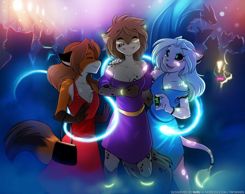 2021 adobe_photoshop_(artwork) anthro bare_shoulders black_body black_fur black_sclera blue_eyes bodypaint bottle breasts brown_body brown_fur canid canine cleavage closed_eyes clothed clothing colored conditional_dnp container digital_media_(artwork) dipstick_tail dj_dragon_(twokinds) dragon dress felid female fox fur gloves_(marking) glowing glowing_eyes glowing_paint grey_body grey_fur grin group hi_res holding_object hybrid kathrin_vaughan keidran laura_(twokinds) lion mammal markings multicolored_body multicolored_fur multicolored_tail mythological_creature mythological_scalie mythology nightclub open_mouth open_smile orange_body orange_fur pantherine purse red_fox scalie silhouette smile spots spotted_body spotted_fur tail tail_markings text tom_fischbach trio true_fox twokinds url white_body white_fur will-o'-the-wisp willow_wisp