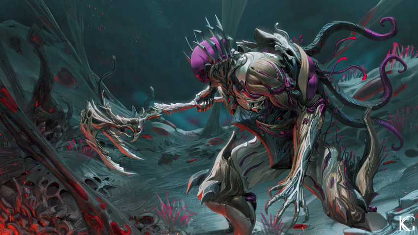 1boy claws embers highres holding holding_scythe holding_weapon infested_(warframe) kevin_glint male_focus melee_weapon_(warframe) nidus_(warframe) organic plant science_fiction scythe signature solo tentacle warframe weapon