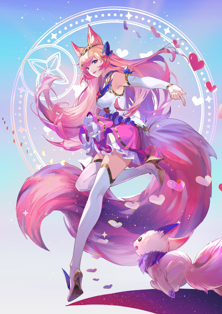 absurdres ahri_(league_of_legends) alternate_costume animal_ears artist_request bare_shoulders blonde_hair blue_eyes boots breasts brooch choker closed_mouth english_commentary eyelashes eyeshadow female floating_hair fox_ears fox_girl fox_tail full_body hair_between_eyes hair_ornament heart high_heel_boots high_heels highres jewelry league_of_legends long_hair looking_at_viewer makeup medium_breasts multicolored_hair nail_polish official_alternate_costume official_art orange_hair outstretched_arm pink_lips pink_nails pink_skirt pointing pointing_at_viewer skirt sleeveless smile solo sparkle standing standing_on_one_leg star_brooch star_guardian_(league_of_legends) star_guardian_ahri star_guardian_pet tail thighhighs white_footwear white_thighhighs