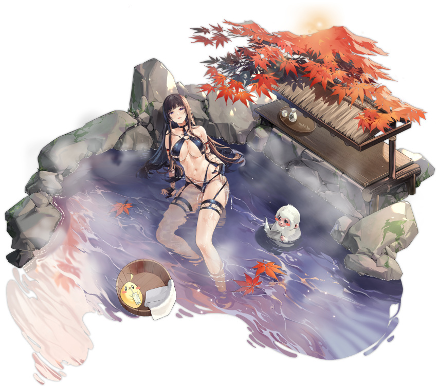 autumn_leaves azur_lane bikini black_bikini black_hair bottle breasts bucket cleavage dead_or_alive dead_or_alive_5 dead_or_alive_xtreme female fingerless_gloves full_body gloves hand_on_own_hip highres kurumi_(recycllamo) large_breasts long_hair long_legs looking_at_viewer manjuu_(azur_lane) mole mole_under_mouth monkey navel nyotengu nyotengu_(scarlet-tinged_hot_spring_vacation)_(doa) o-ring o-ring_swimsuit official_alternate_costume official_art onsen parted_lips partially_submerged purple_eyes sake_bottle solo steam stomach swimsuit thighs towel transparent_background water wet wooden_bucket