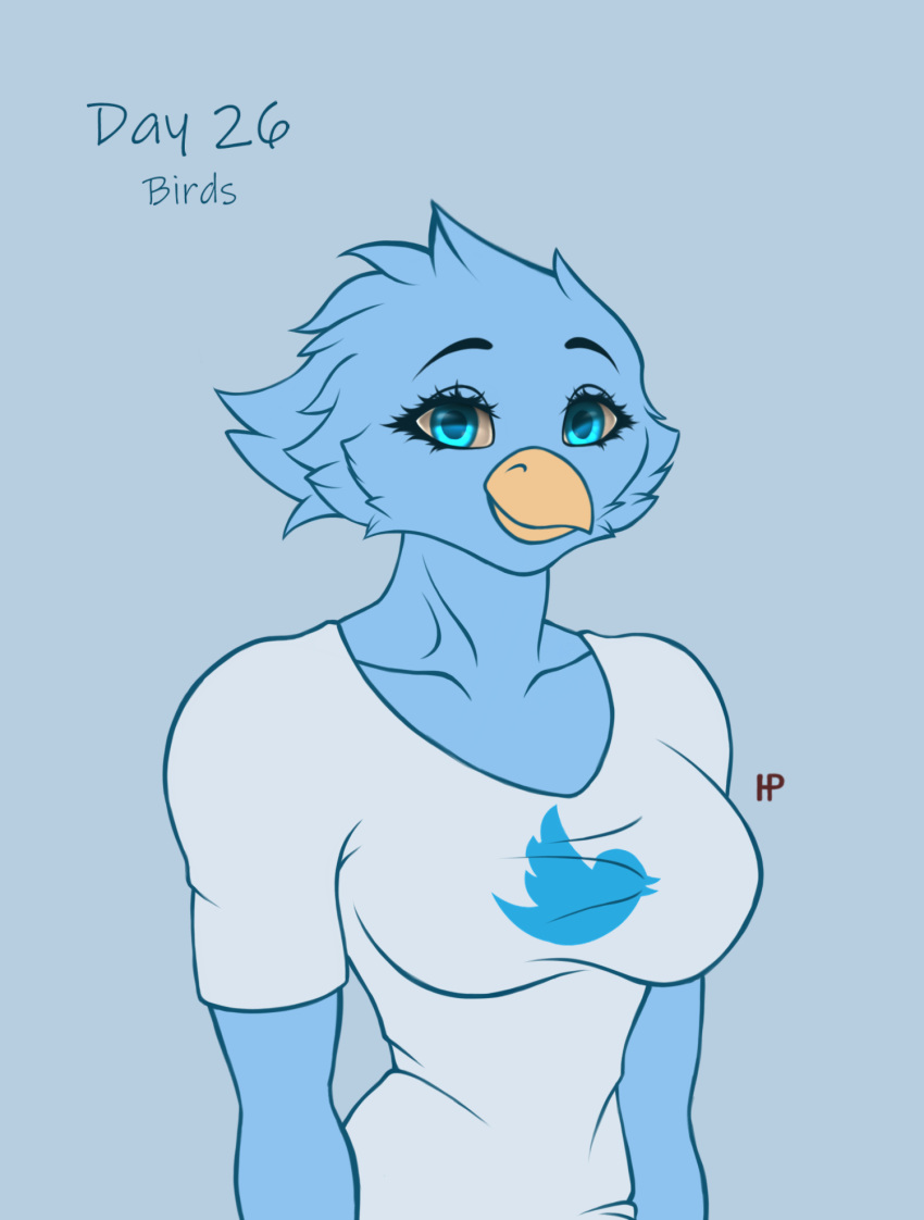 anthro avian bird clothing female hermitpioneer hi_res looking_at_viewer mascot meme shirt smile solo t-shirt topwear tweetfur twitter twitter_logo