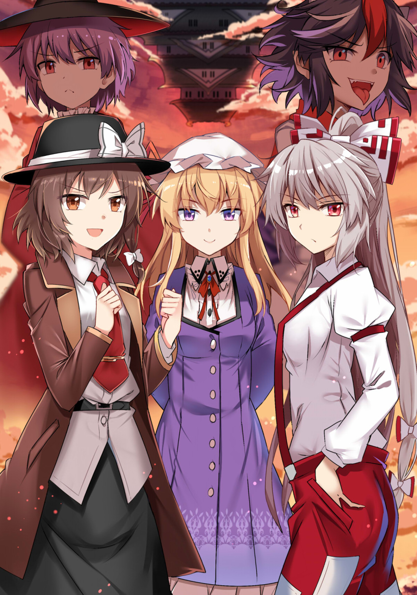 5girls :p arm_at_side arm_belt arms_behind_back arms_up black_hair black_headwear black_skirt blonde_hair bowl bowl_hat brooch brown_eyes brown_hair cloud cloudy_sky coat commentary_request cone_horns dress e.o. from_side frown fujiwara_no_mokou grey_hair grey_horns hair_between_eyes hair_ribbon hand_in_pocket hat hat_ribbon highres horns japanese_clothes jewelry juliet_sleeves kijin_seija kimono long_hair long_sleeves looking_at_viewer maribel_hearn mob_cap multicolored_hair multiple_girls necktie open_mouth pants ponytail puffy_sleeves purple_dress purple_eyes purple_hair red_eyes red_kimono red_necktie red_pants red_sky ribbon serious sharp_teeth shining_needle_castle shirt short_hair skirt sky small_horns streaked_hair sukuna_shinmyoumaru suspenders teeth tie_clip tongue tongue_out touhou trench_coat untucked_shirt upper_body upper_teeth_only usami_renko very_long_hair white_headwear white_shirt