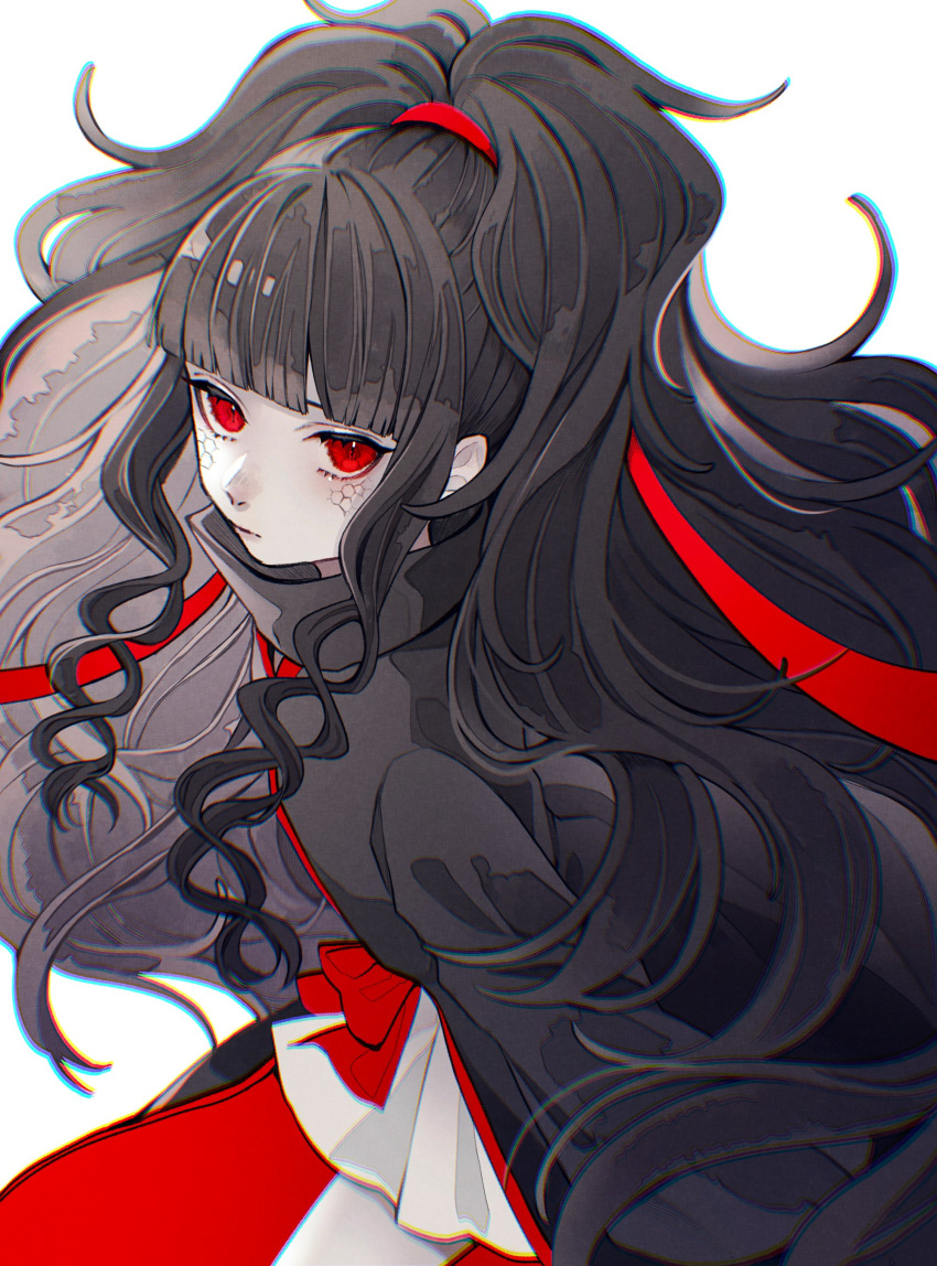 absurdres azami_(kagerou_project) black_hair blunt_bangs chromatic_aberration closed_mouth commentary cowboy_shot eyebrows_hidden_by_hair female from_above hair_ribbon highres kagerou_project lips long_hair looking_at_viewer nose red_eyes red_ribbon ribbon ringlets sidelocks simple_background solo symbol-only_commentary tied_hair tsubame-shi_(tubame) very_long_hair white_background