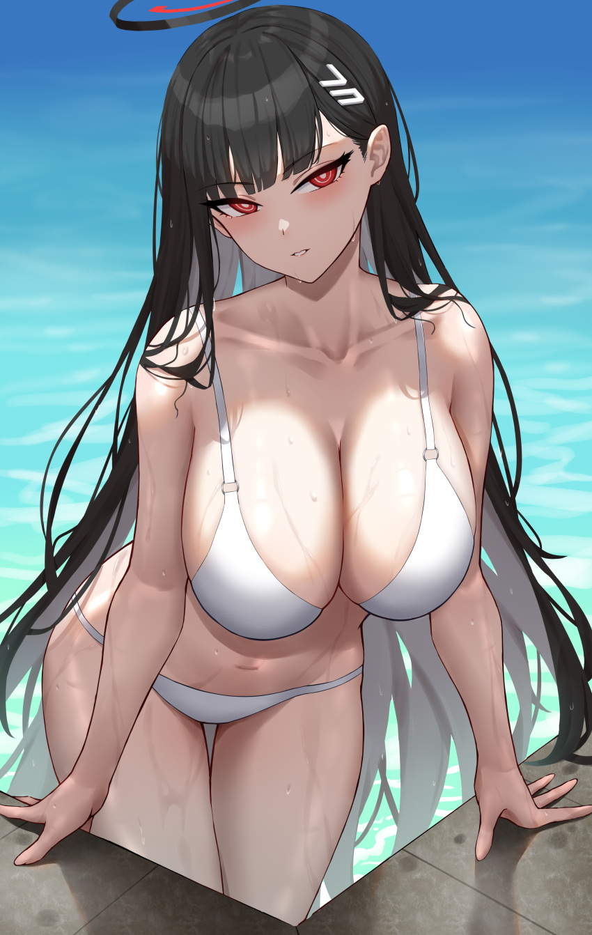 absurdres alternate_costume bikini black_hair blue_archive blunt_bangs breasts cleavage collarbone commentary_request female hair_ornament hairclip halo highres large_breasts leaning_forward long_hair navel parted_lips pool red_eyes rio_(blue_archive) sideboob solo stomach swimsuit thighs very_long_hair water wet white_bikini yukiaka