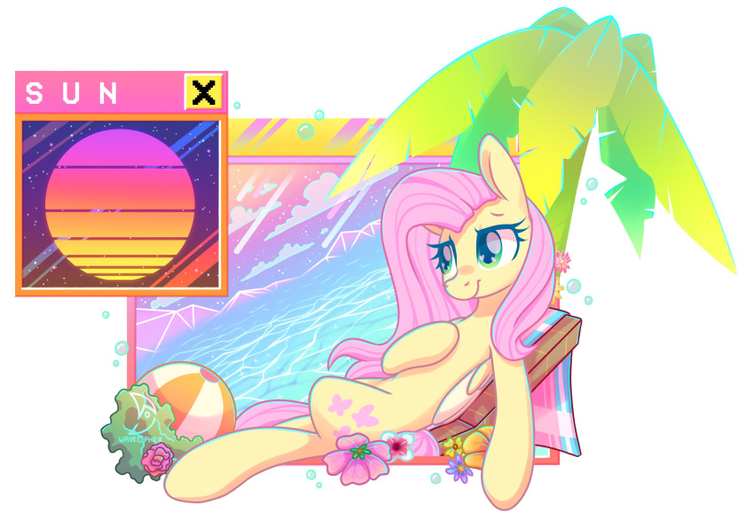 2021 blue_eyes cutie_mark equid equine feathered_wings feathers female feral fluttershy_(mlp) friendship_is_magic hair hasbro hi_res hooves long_hair mammal musicfirewind my_little_pony mythological_creature mythological_equine mythology palm_tree pegasus pink_hair plant quadruped sitting solo tree wings yellow_body yellow_feathers yellow_wings