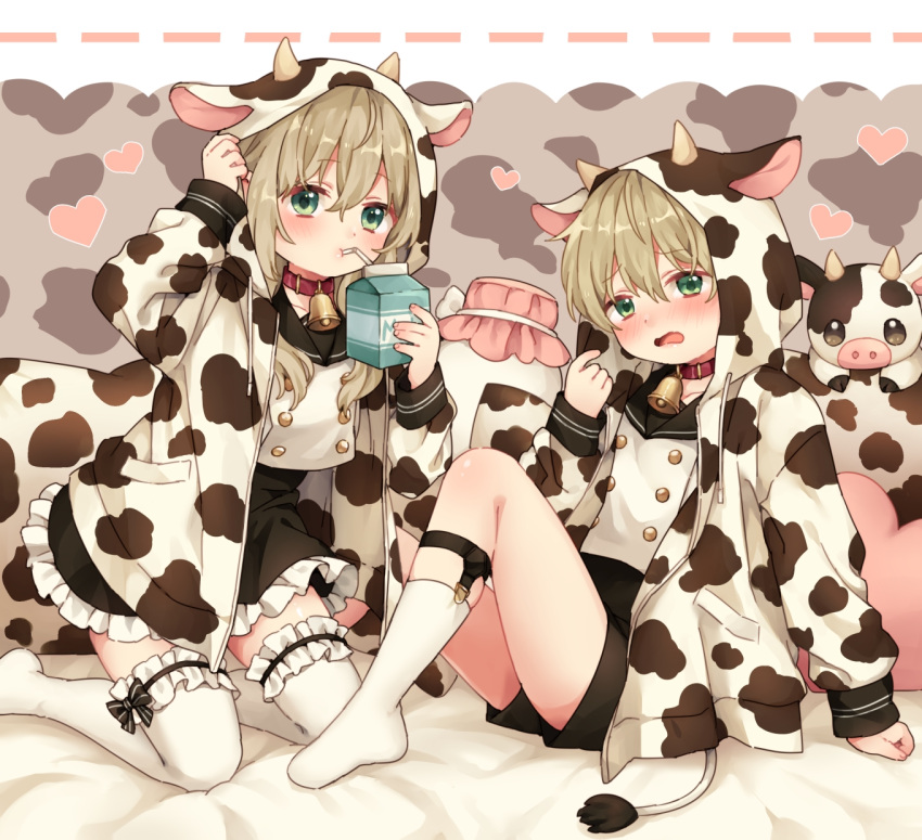 1boy animal_ears animal_hood animal_print bell blonde_hair blush bovine commentary cow_boy cow_ears cow_girl cow_horns cow_print cow_tail cowbell female green_eyes highres hood horns legwear_garter long_hair looking_at_viewer milk open_mouth original rii_(pixiv11152329) short_hair siblings socks tail thighhighs twins