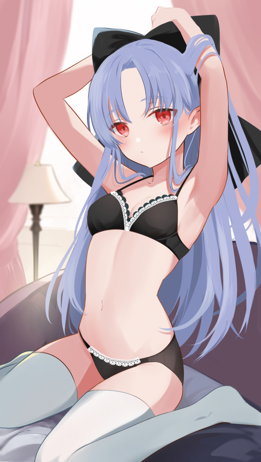 absurdres armpits arms_up black_bow black_bra black_panties blue_hair blush bow bra breasts closed_mouth couch curtains female hairbow highres indoors lace-trimmed_bra lace_trim lamp len_(tsukihime) light_frown lingerie long_hair looking_at_viewer navel on_couch panties parted_bangs pointy_ears red_eyes rrr_gns_(riuriu_1212) sitting small_breasts solo thighhighs tsukihime underwear underwear_only wariza white_thighhighs window