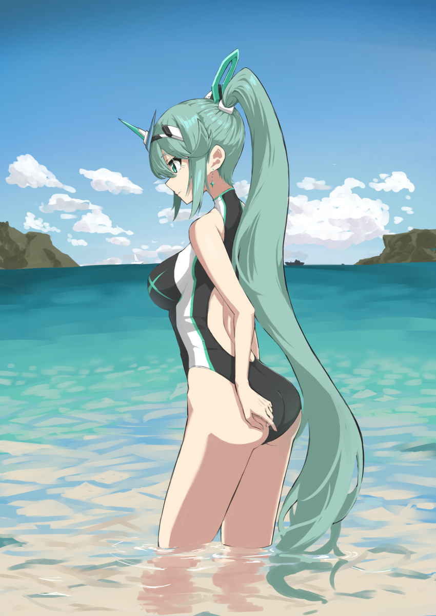 absurdres alternate_costume aotsuba ass breasts female green_eyes green_hair highres large_breasts long_hair ocean one-piece_swimsuit outdoors pneuma_(xenoblade) ponytail solo swept_bangs swimsuit tiara very_long_hair water xenoblade_chronicles_(series) xenoblade_chronicles_2