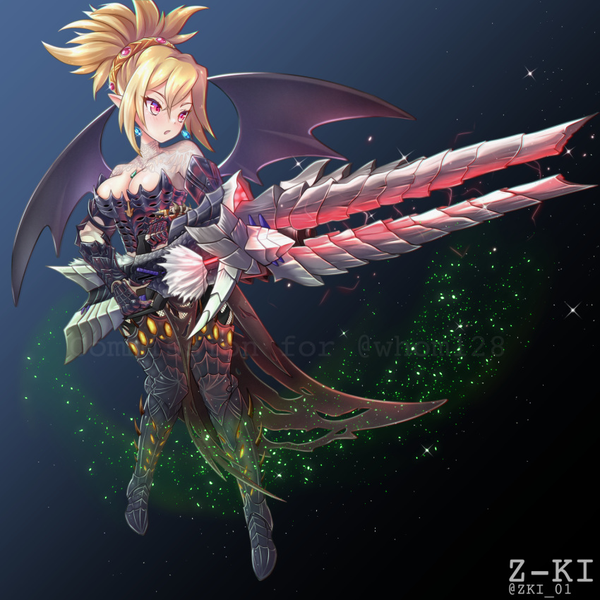 alatreon_(armor) alternate_costume blonde_hair breasts cleavage commission demon_girl demon_wings disgaea earrings female highres jewelry large_breasts makai_senki_disgaea_2 monster_hunter_(series) pointy_ears red_eyes rozalin watermark wings z-ki