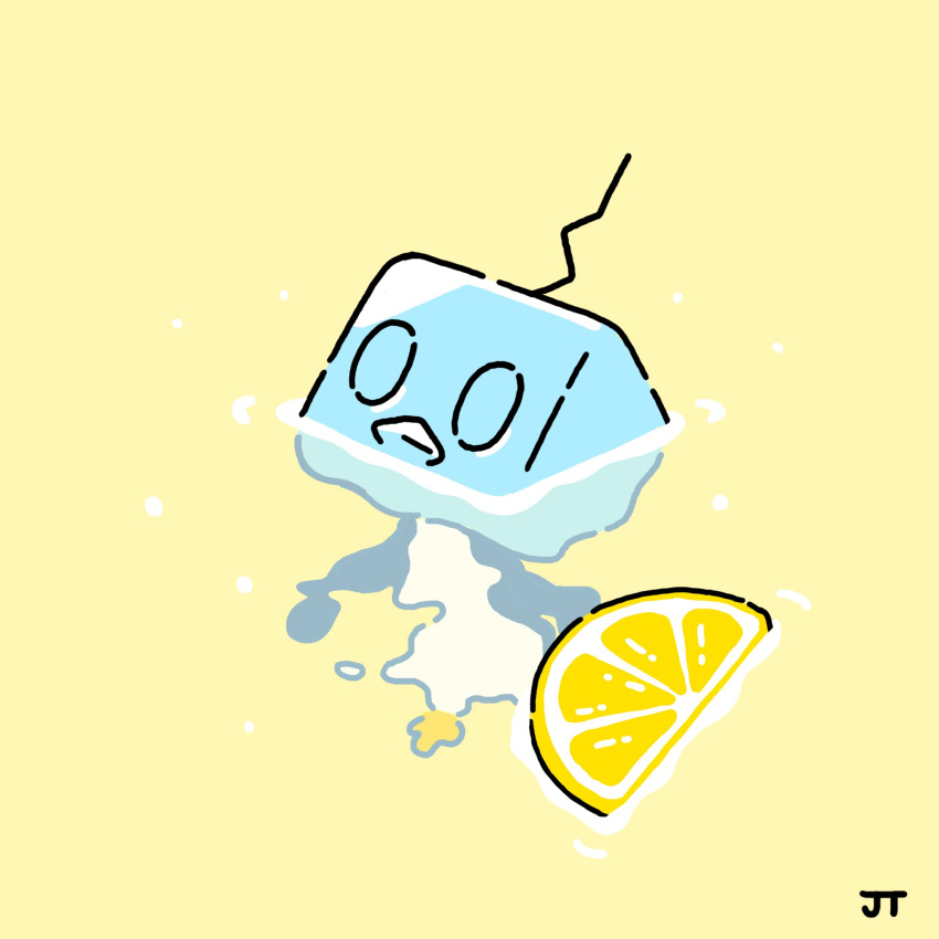 afloat animal_focus bird commentary eiscue eiscue_(ice) food fruit highres ice ice_cube james_turner lemon lemon_slice lemonade looking_up no_humans penguin pokemon pokemon_(creature) signature solo yellow_background