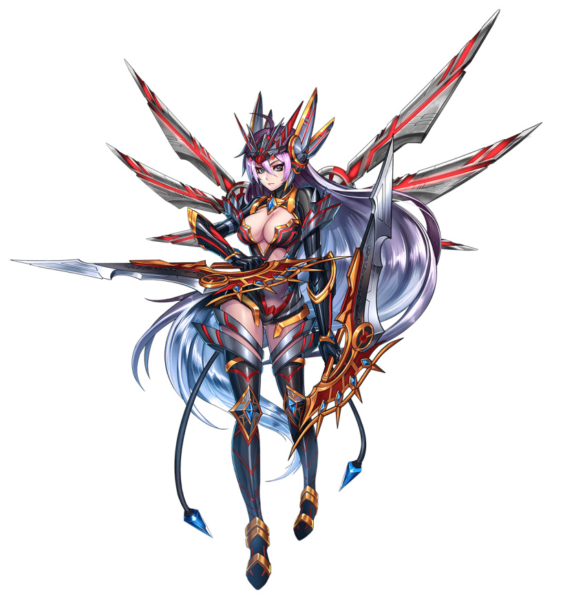 blue_hair blue_pupils brave_frontier breasts cleavage_cutout clothing_cutout crown cyborg dual_wielding female full_body gauntlets gradient_hair highres holding holding_sword holding_weapon large_breasts leotard long_hair looking_at_viewer mechanical_wings multicolored_hair official_art pink_hair purple_eyes reverse_grip solo sword thighhighs transparent_background weapon wings zenia_(brave_frontier)