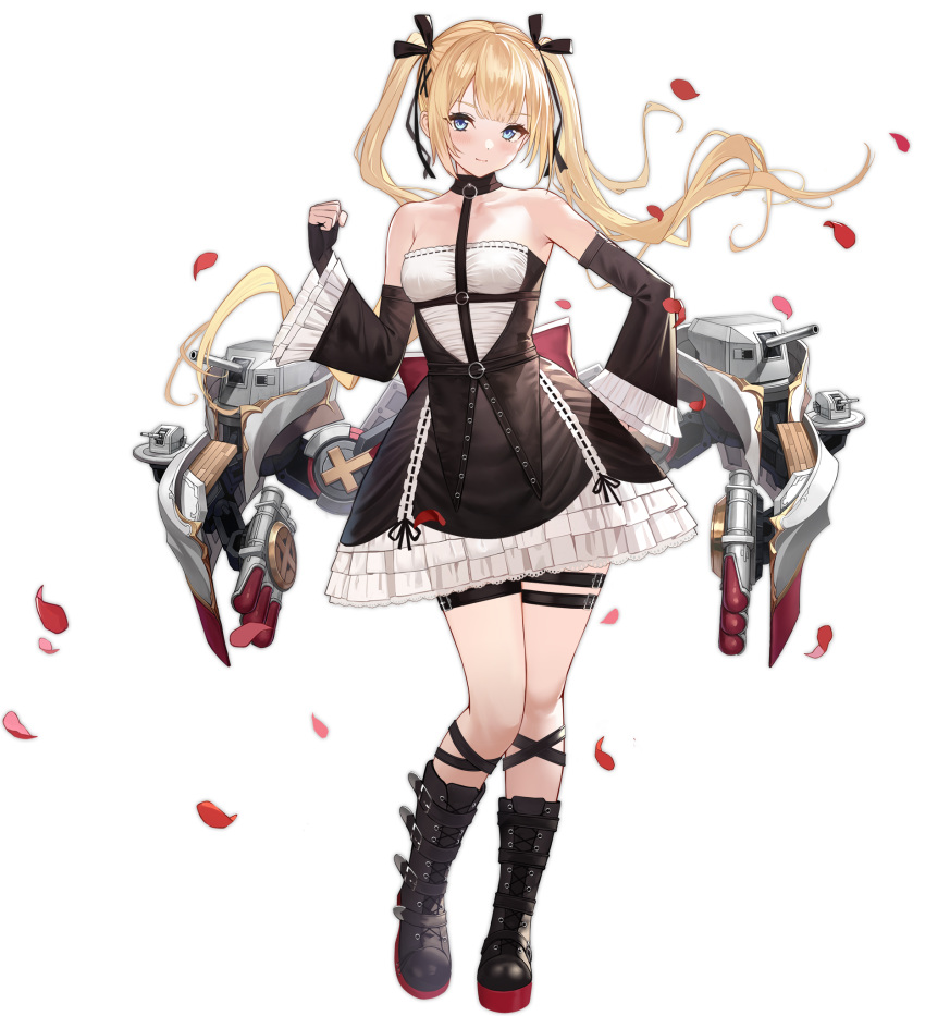 azur_lane bare_shoulders black_footwear blonde_hair blue_eyes blush boots bow breasts clenched_hand collarbone dead_or_alive dead_or_alive_xtreme detached_sleeves dress female fingerless_gloves full_body gloves hairbow hand_up highres long_hair looking_at_viewer machinery marie_rose official_art petals short_dress small_breasts smile solo standing thigh_strap transparent_background turret twintails weapon wide_sleeves yunsang