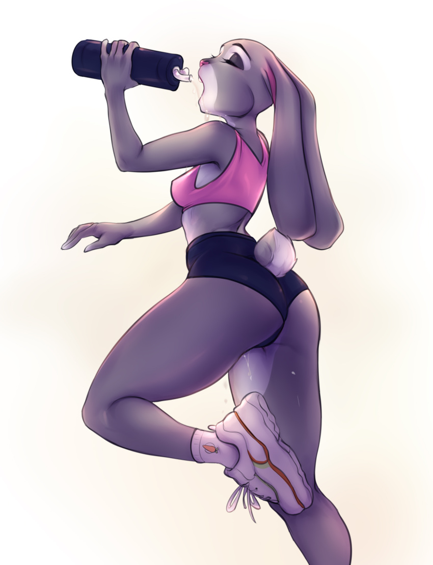 2021 absurd_res anthro ass bottle bottomwear butt_pose closed_eyes clothing container disney drinking eyebrows eyelashes female footwear grey_body hi_res high_waisted_bottomwear high_waisted_shorts holding_object judy_hopps lagomorph leporid mammal monian open_mouth pink_nose pose rabbit raised_tail scut_tail shirt shoes short_tail shorts simple_background solo standing tail tank_top topwear water_bottle white_background zootopia