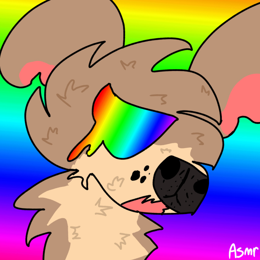 1:1 :0 alfred's_playhouse alfred_alfer asmrx bodily_fluids brown_body brown_fur canid canine canis crying domestic_dog feral fluffy fur hi_res male mammal multicolored_body multicolored_eyes multicolored_fur open_mouth rainbow_background rainbow_eyes simple_background solo tears tuft watermark