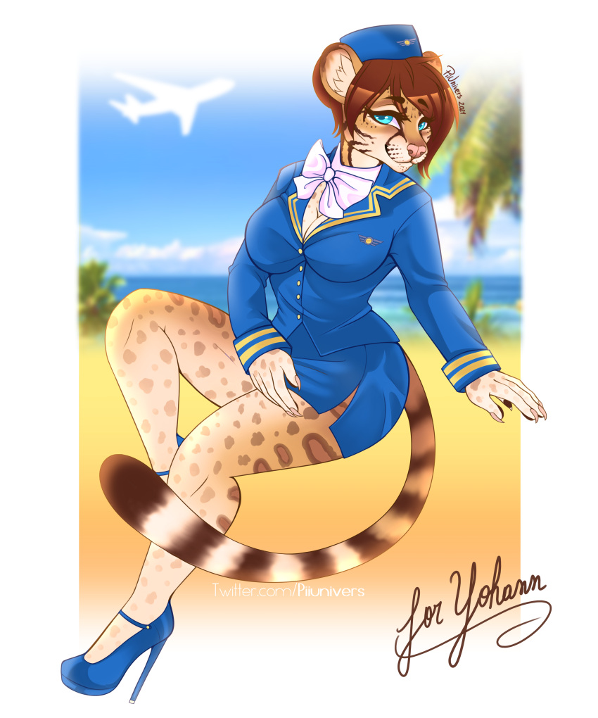 5:6 absurd_res aircraft airplane anthro beach blue_eyes bow_(feature) bow_in_front bow_tie breasts brown_hair claws clothed clothing costume felid felidae feline female flight_attendant footwear fur hair hi_res high_heels leopardus mammal ocelot pawpads piiunivers seaside sitting smile solo uniform vehicle