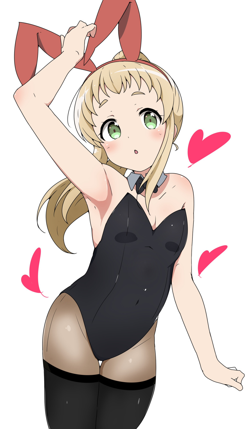 absurdres animal_ears arm_up armpits bare_shoulders black_legwear black_leotard blonde_hair blush breasts choker collarbone commentary_request covered_navel fake_animal_ears female green_eyes groin highres inose_mai koisuru_asteroid leotard long_hair looking_at_viewer open_mouth pantyhose playboy_bunny ponytail rabbit_ears riyo_(aokiwazumi) shiny_skin simple_background small_breasts solo thighhighs thighhighs_over_pantyhose white_background