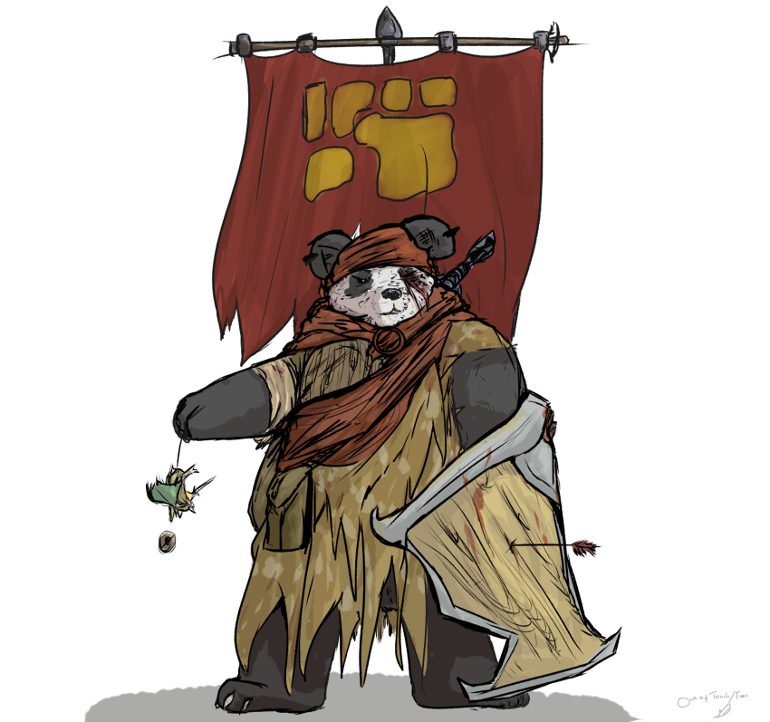 anthro bandana banner bear black_body black_fur brown_body brown_fur cloak cloak_only clothed clothing dominant duo feathers_(artist) fur giant_panda green_cloak green_clothing hanging_(disambiguation) hi_res kerchief male mammal melee_weapon mouse mouse_guard multicolored_body multicolored_fur murid murine rat rodent shadow shield simple_background size_difference sword weapon white_background white_body white_fur