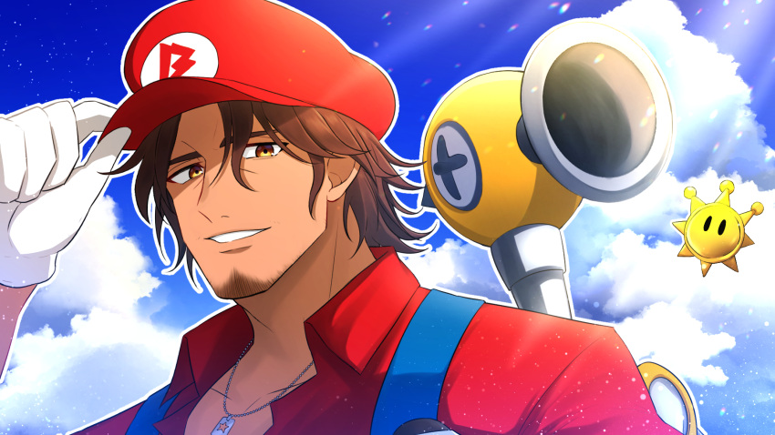 1boy arm_up belmond_banderas blue_sky brown_eyes brown_hair cabbie_hat choco_(chocovix112) cloud cloudy_sky collared_shirt commentary_request cosplay day eyebrows_hidden_by_hair f.l.u.d.d. gloves hand_on_headwear hat highres looking_at_viewer male_focus mario mario_(cosplay) mario_(series) nijisanji outdoors parted_bangs parted_lips red_hat red_shirt shine_sprite shirt sky smile solo super_mario_sunshine suspenders thick_eyebrows upper_body virtual_youtuber white_gloves