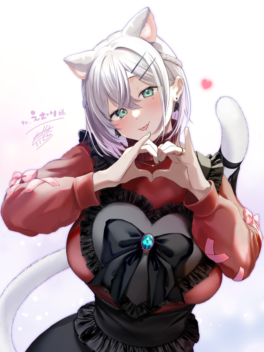 5saiji animal_ears apron aqua_eyes aqua_nails black_apron black_ribbon blush bow breasts cat_ears cat_girl cat_tail commission ear_piercing female frilled_apron frills gradient_hair hair_between_eyes hair_ornament hairclip heart heart_apron heart_hands highres hiiragi_emuri huge_breasts jewelry long_sleeves looking_at_viewer mole mole_under_eye multicolored_hair mythic_live nail_polish necklace piercing purple_hair red_sweater ribbon ring signature skeb_commission solo sweater tail tongue tongue_out turtleneck turtleneck_sweater virtual_youtuber white_hair