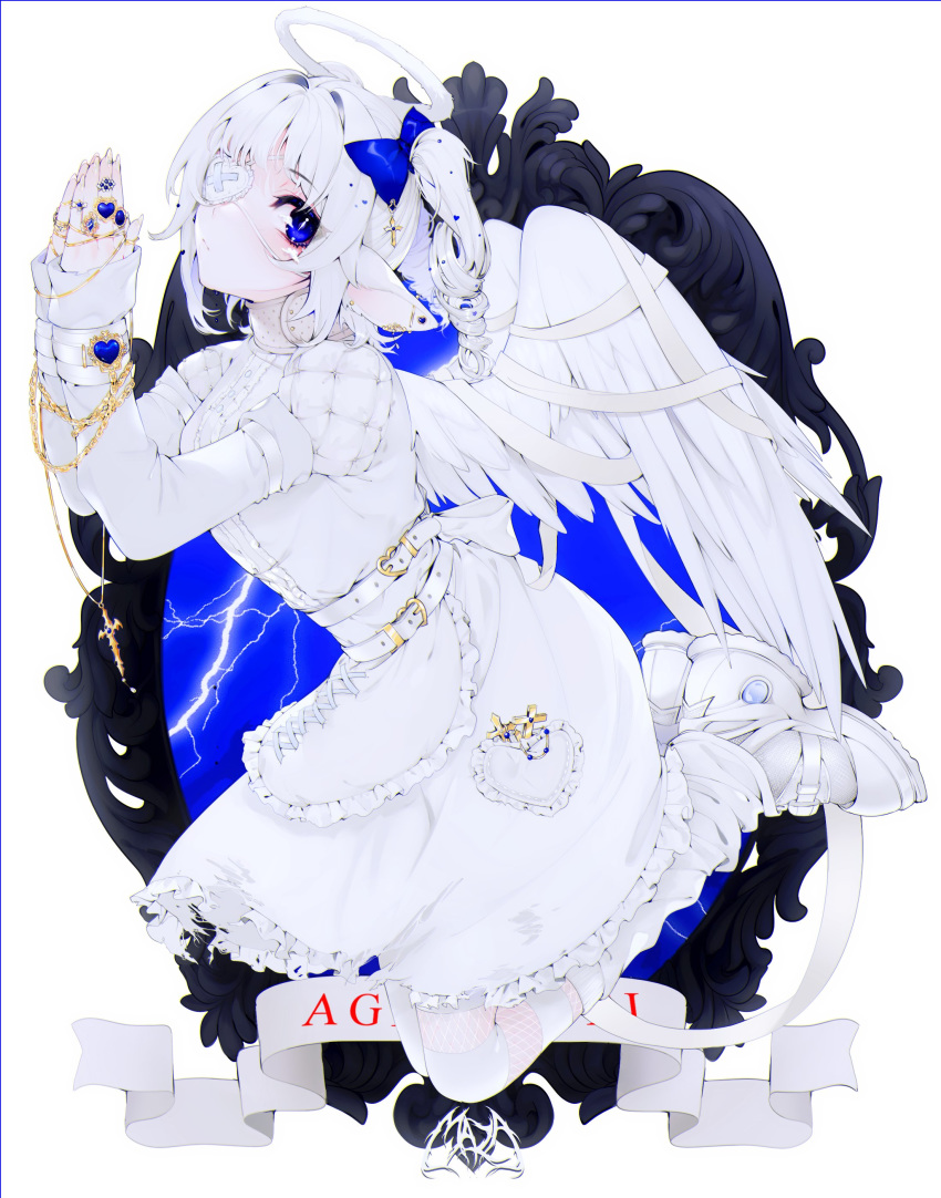 :< absurdres angel angel_wings animal_ears apron artist_name back_bow bad_id bad_twitter_id bandaged_wings belt blue_bow blue_eyes blush bow bright_pupils buckle buttons chains character_name chromatic_aberration cloud deer_ears dress drill_hair ear_piercing eyepatch feathered_wings female fishnet_legwear fishnets frilled_apron frilled_dress frills hair_intakes halo heart heart-shaped_buckle highres jewelry juliet_sleeves lightning long_sleeves mazamuno neck_brace original own_hands_clasped own_hands_together piercing pocket puffy_sleeves ring short_hair signature sleeves_past_wrists thumb_ring torn_clothes two_side_up white_dress white_footwear white_hair white_legwear white_nails white_pupils wings