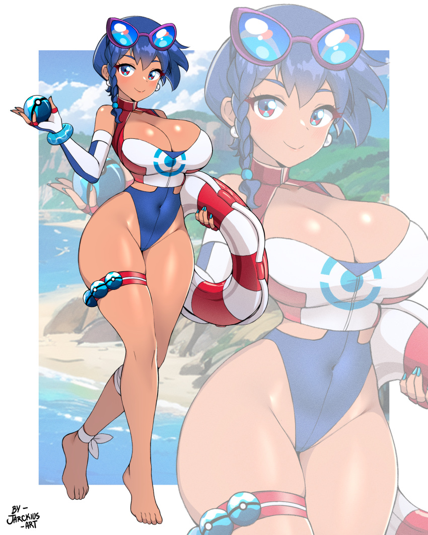 absurdres aqua_nails barefoot blake_(constellor) blue_hair braided_sidelock breasts cleavage closed_mouth covered_navel dive_ball elbow_gloves english_commentary eyewear_on_head female full_body gloves highleg highleg_one-piece_swimsuit highres holding holding_poke_ball holding_swim_ring jarckius large_breasts multicolored_eyes narrow_waist one-piece_swimsuit original poke_ball pokemon short_hair smile swim_ring swimsuit wide_hips zoom_layer