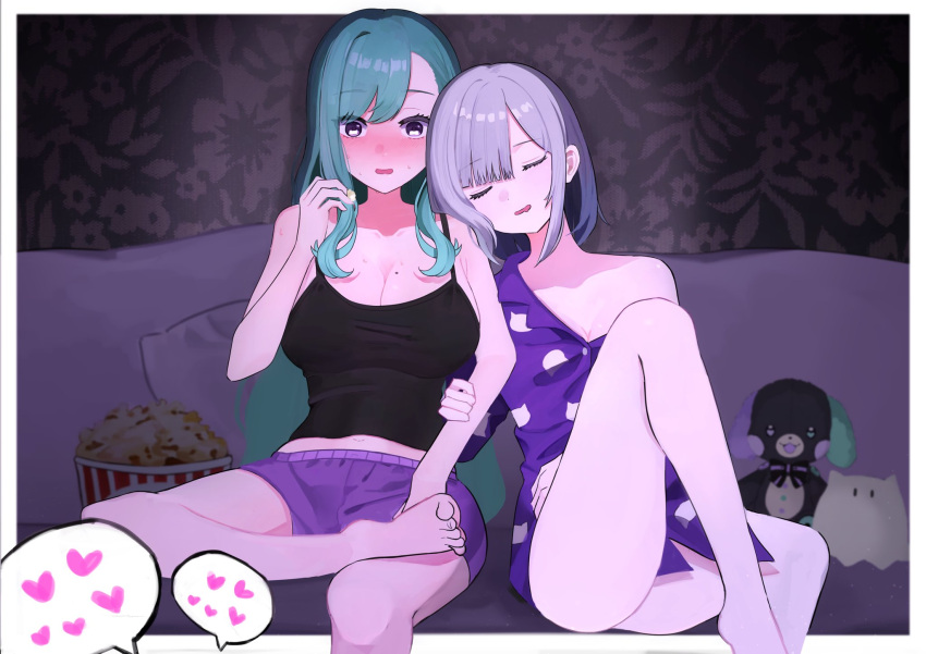 2girls arm_hug asymmetrical_bangs bare_shoulders barefoot black_tank_top blush border breasts couch drooling food green_hair grey_hair highres implied_sex kaga_sumire knee_up large_breasts long_hair medium_hair mole mole_on_breast multiple_girls naked_shirt navel no_bra nose_blush open_mouth pajamas popcorn purple_eyes purple_pajamas purple_shorts shirt shorts single_off_shoulder sitting small_breasts stuffed_animal stuffed_toy sweat swept_bangs tank_top virtual_youtuber vspo! white_border yakumo_beni yofo