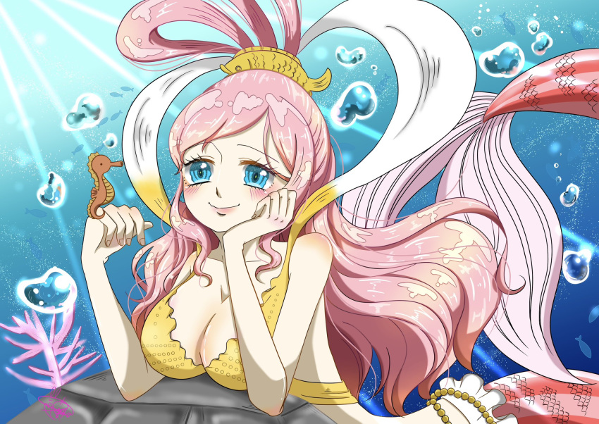 blue_eyes breasts bubble cleavage closed_mouth commentary_request female fish_hair_ornament hagoromo hair_ornament half_updo highres hippocamp long_hair mermaid monster_girl one_piece pink_hair shawl shirahoshi sidelocks smile solo swept_bangs syoko_346 twintails underwater very_long_hair