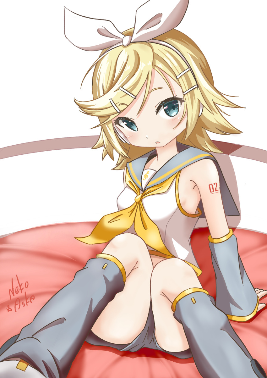 absurdres asuka_(pixiv82529874) blonde_hair blue_eyes blush bow_hairband crop_top detached_sleeves female hair_ornament hairband hairclip highres kagamine_rin leg_warmers looking_at_viewer medium_hair neckerchief open_mouth sailor_collar shirt short_shorts shorts sitting sleeveless sleeveless_shirt vocaloid