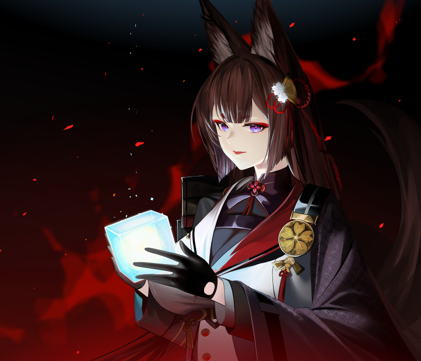 absurdres amagi_(cv)_(azur_lane) animal_ears azur_lane black_gloves breasts brown_hair cleavage eyeliner female fire fox_ears fox_girl fox_tail gloves hair_ornament highres holding jacket kitsune large_breasts long_hair long_sleeves makeup purple_eyes red_eyeliner sakura_empire_(emblem) scarfpen01 solo tail upper_body white_jacket wisdom_cube_(azur_lane)