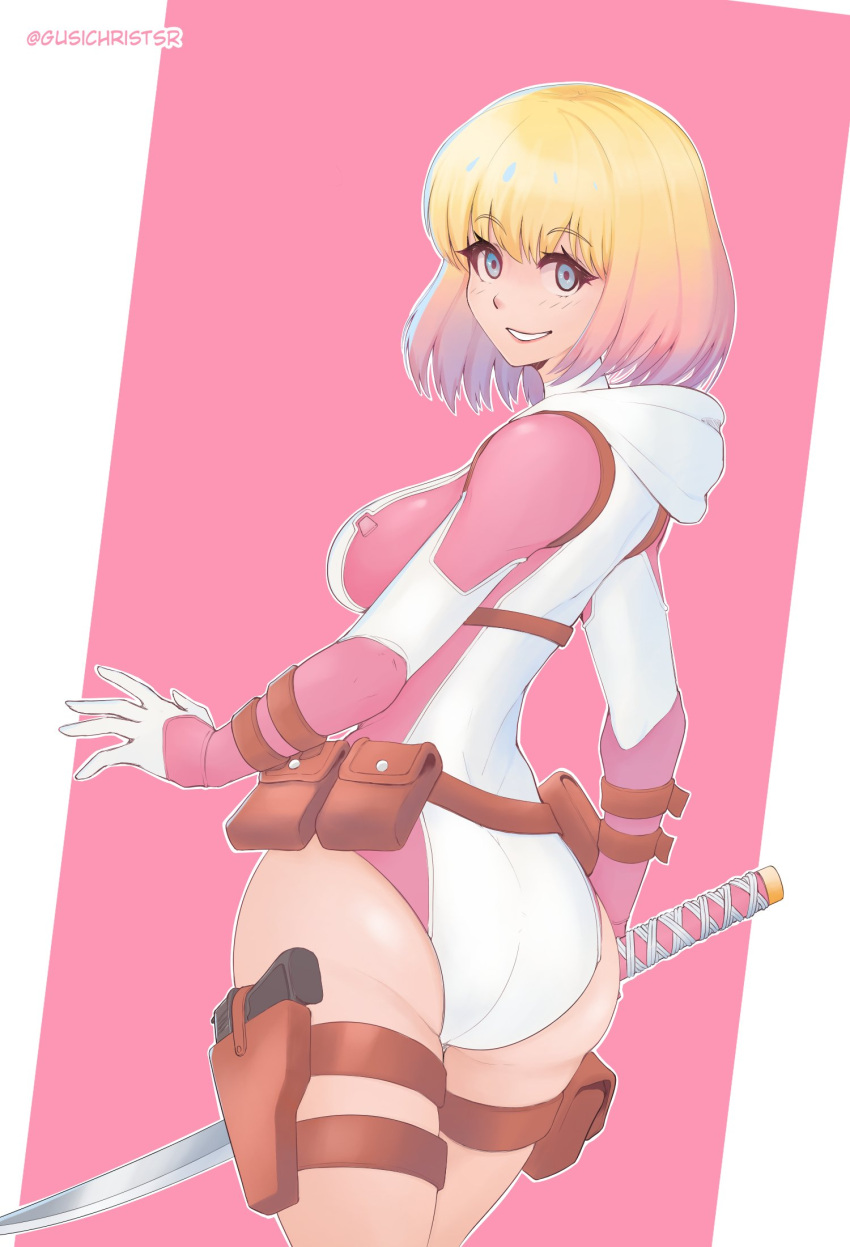 animification ass bodysuit female fortnite gusichristsr gwenpool highres hood hooded_bodysuit hooded_leotard leotard marvel multicolored_leotard pink_bodysuit pink_leotard pouch superhero_costume weapon wrist_guards wrist_straps