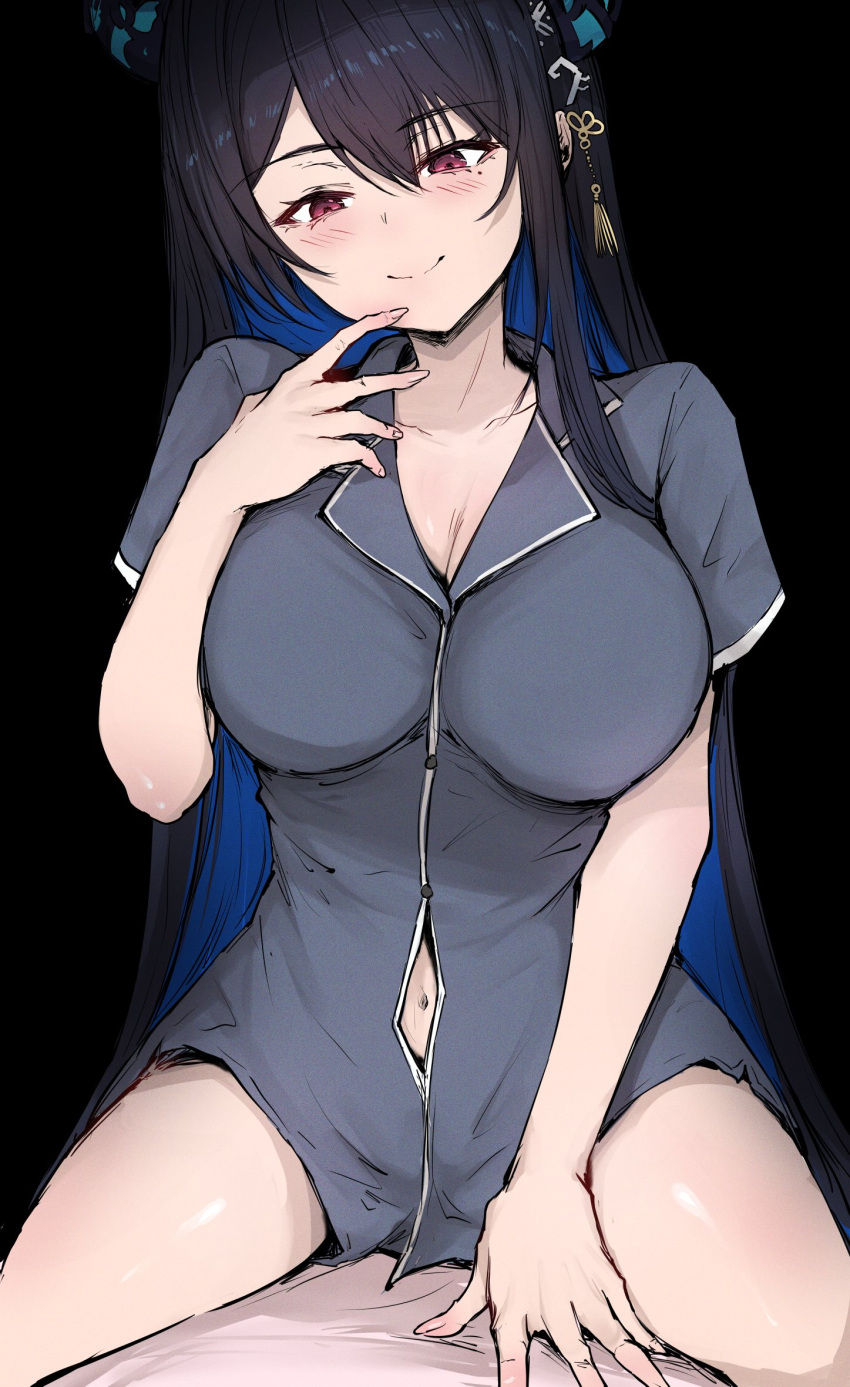 black_background black_hair black_shirt blue_hair blush breasts cleavage female highres hololive hololive_english horns large_breasts long_hair multicolored_hair navel nerissa_ravencroft purple_eyes sak1_01 shirt simple_background solo_focus straddling two-tone_hair very_long_hair virtual_youtuber