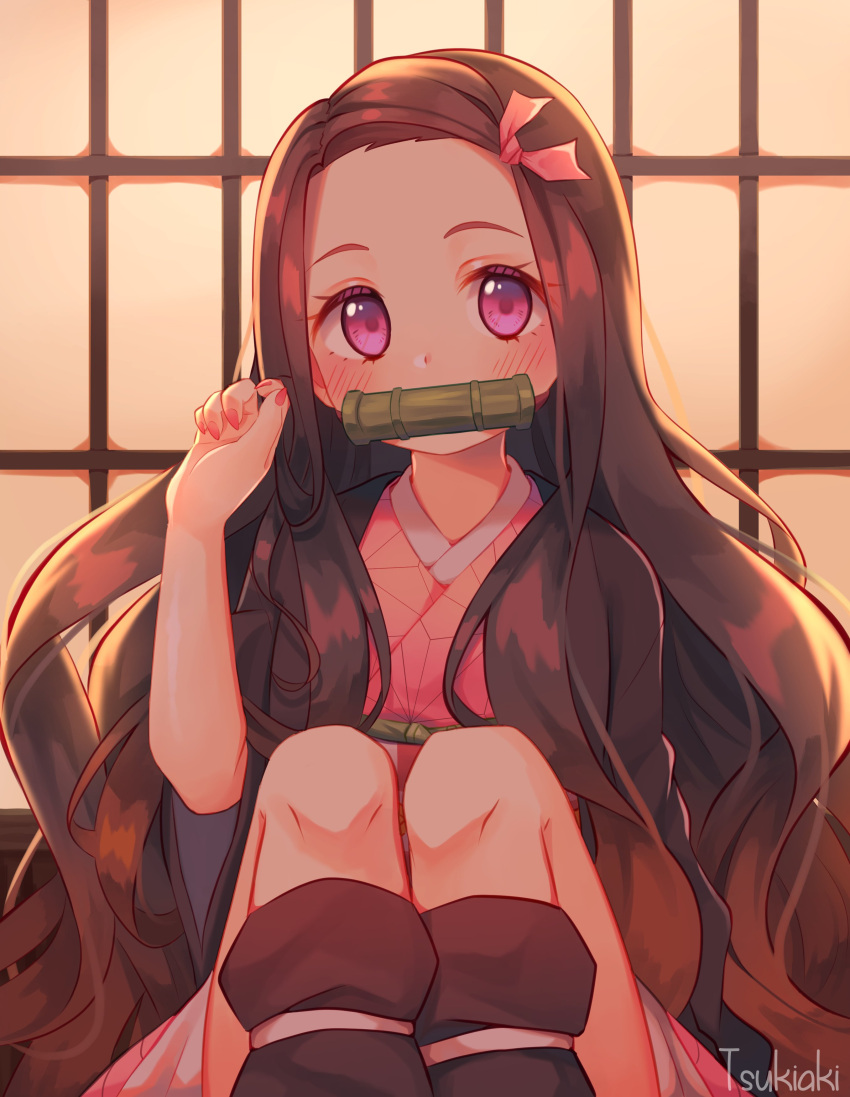 absurdres bamboo bit_gag black_hair brown_hair female forehead gag gagged gradient_hair hair_ribbon haori highres japanese_clothes kamado_nezuko kimetsu_no_yaiba kimono long_hair long_sleeves multicolored_hair pink_eyes pink_kimono pink_nails pink_ribbon ribbon solo tsukiaki_teriyaki very_long_hair