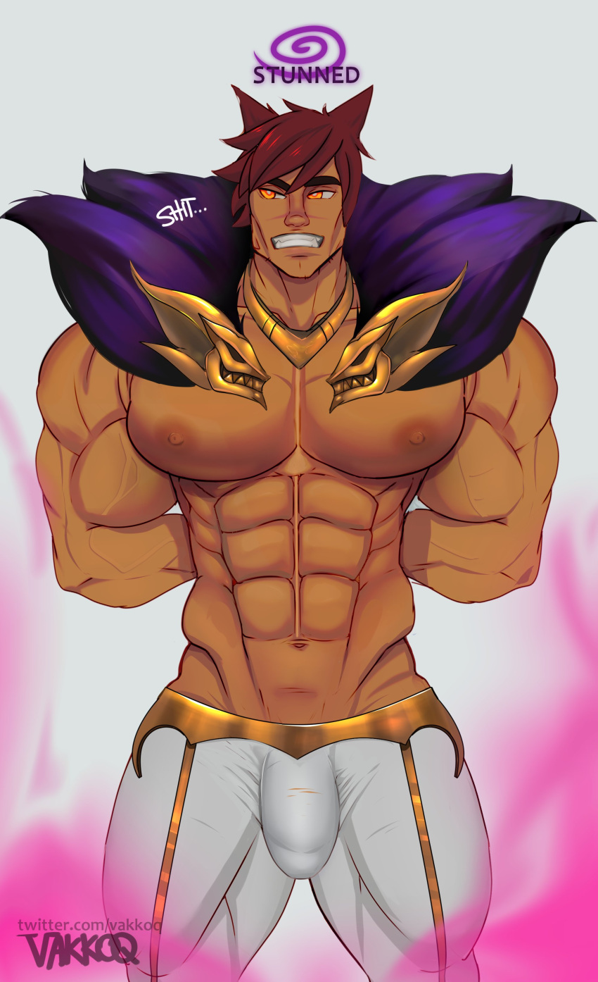 1boy abs absurdres animal_ears arm_behind_back artist_name bara biceps bulge cat_ears collar english_text extra_ears feet_out_of_frame fur_collar highres large_pectorals league_of_legends male_focus manly mature_male muscular muscular_male nipples pants pectorals red_hair scar sett_(league_of_legends) signature simple_background smoke solo spiked_hair spiral teeth thick_arms thick_eyebrows thick_thighs thighs tight_clothes tight_pants vakkoq veins white_background yellow_eyes