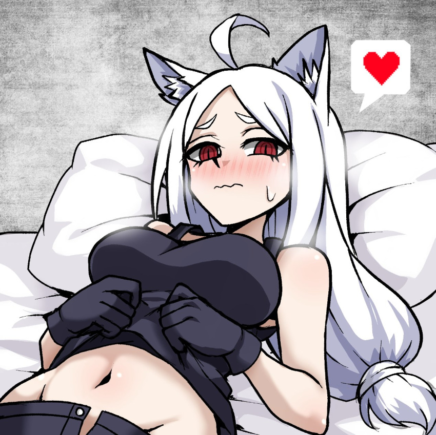 ahoge animal_ear_fluff animal_ears aroused bare_shoulders black_gloves black_pants black_tank_top blush breasts cerberus_(helltaker) closed_mouth clothes_lift commentary dog_ears dog_girl embarrassed eyelashes female fujita_yoshinobu_(ksk_oda) gloves hand_on_another's_back heart helltaker highres indoors lifting_own_clothes long_hair looking_at_viewer low_ponytail lying medium_breasts midriff naughty_face navel nervous nose_blush on_back on_bed open_fly open_pants pants pillow raised_eyebrows red_eyes ringed_eyes scrunchie shirt_lift slit_pupils solo speech_bubble split_bangs spoken_heart sweatdrop tank_top thick_eyebrows upper_body very_long_hair wavy_mouth white_hair white_scrunchie