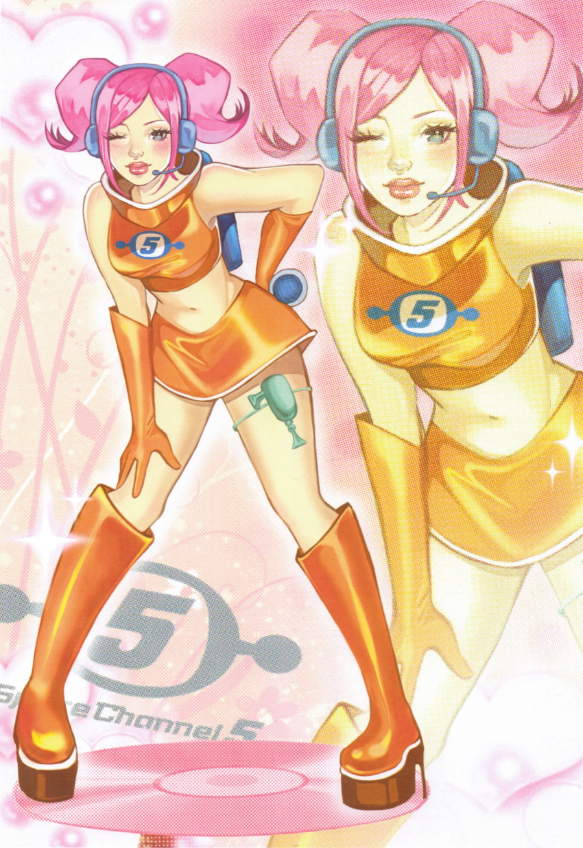 blue_eyes blue_headphones boots breasts commentary crop_top cyber_fashion elbow_gloves energy_gun english_commentary female gloves headset highres holding knee_boots leaning_forward looking_at_viewer medium_breasts microphone midriff miniskirt navel one_eye_closed orange_footwear orange_gloves pink_eyebrows pink_hair ray_gun shirt short_hair short_twintails skirt sleeveless smile solo space_channel_5 tamakid twintails ulala weapon y2k_fashion zoom_layer