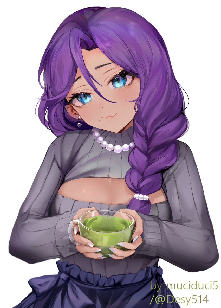 absurdres blue_eyes breasts cha_cha_(vtuber) cleavage_cutout closed_mouth clothing_cutout cup earrings female green_tea grey_sweater hair_between_eyes highres holding holding_cup indie_virtual_youtuber jewelry long_braid long_hair long_sleeves mole mole_under_mouth muciduci5 necklace pearl_hair_ornament pearl_necklace purple_hair ribbed_sweater solo sweater tan tea twitter_username virtual_youtuber white_nails