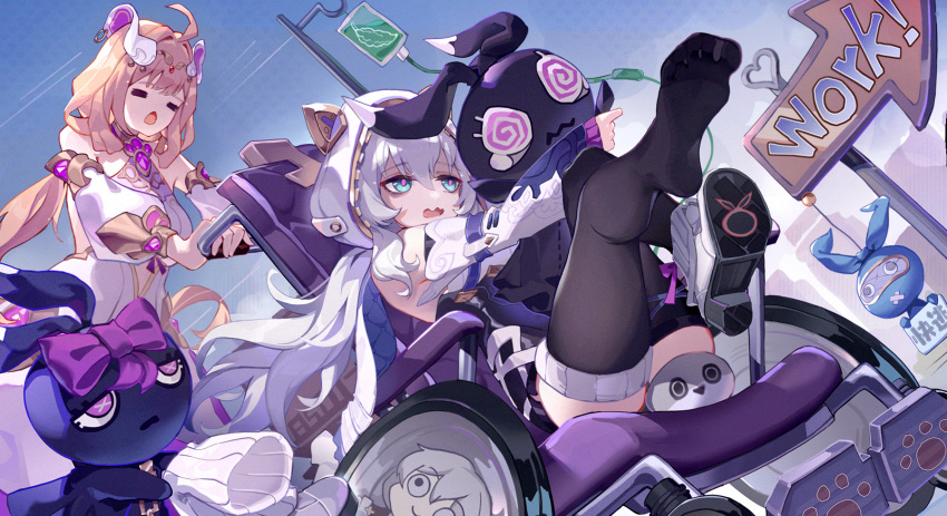 2girls ahoge animal_hood arabian_clothes asc11 bare_shoulders black_thighhighs blue_eyes blue_sky bodysuit cat_hood closed_eyes detached_sleeves dress highres holding holding_stuffed_toy honkai_(series) honkai_impact_3rd hood long_hair meme multiple_girls open_mouth outdoors pointing pointing_forward puffy_short_sleeves puffy_sleeves purple_bodysuit road_sign shoes short_sleeves sign single_shoe sky soles speed_lines stuffed_animal stuffed_toy susannah_manatt susannah_manatt_(valkyrie_quicksand) teri_derp_(meme) theresa_apocalypse theresa_apocalypse_(schicksal's_imperative) thighhighs thighs toes wheelchair white_dress white_hair white_hood