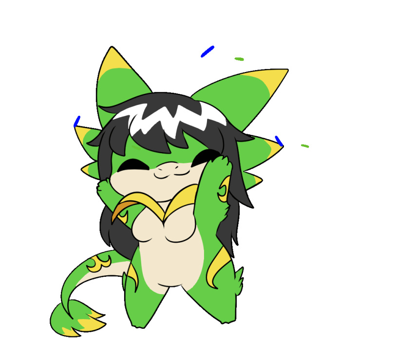 alpha_channel animated anthro biped black_hair breasts female generation_5_pokemon green_body hair kobold leaf leaf_tail nintendo noarustar noodles_(nyxcha) pokemon pokemon_(species) reptile scalie servine small_breasts snout solo tail white_body yellow_body