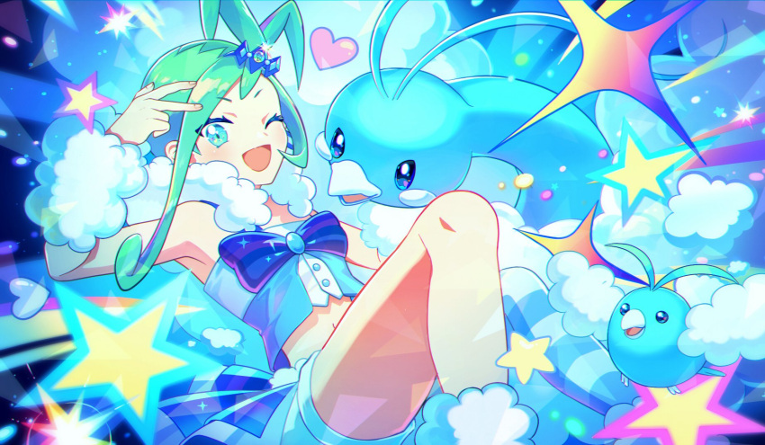 ahoge altaria bare_shoulders blue_camisole blue_eyes blue_skin camisole colored_skin evolutionary_line green_hair highres lisia_(pokemon) navel one_eye_closed pokemon pokemon_(creature) pokemon_oras shorts star_(symbol) swablu tsu_(md_tsune)