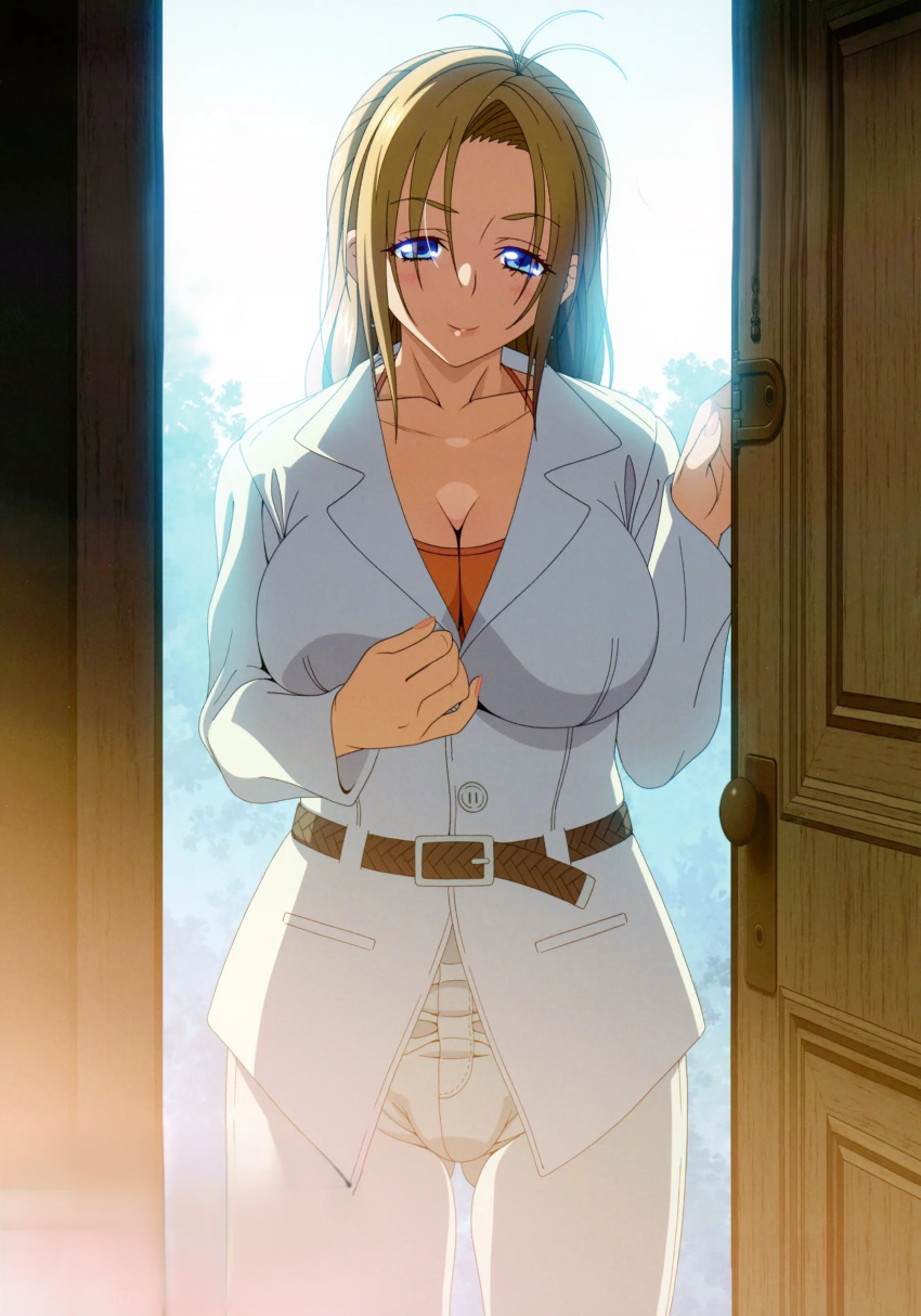 1boy 1girls 2010s 2011 age_difference ahoge blonde_hair blue_eyes blue_sky blush coat door doorknob doorway entrance eyebrows female huge_breasts kamimura_akiko kouzaka_kouhei lips long_hair natsu_no_saigo_no_hi older_woman_and_younger_man outdoors sisters_~natsu_no_saigo_no_hi~ taki_minashika tank_top tree trees