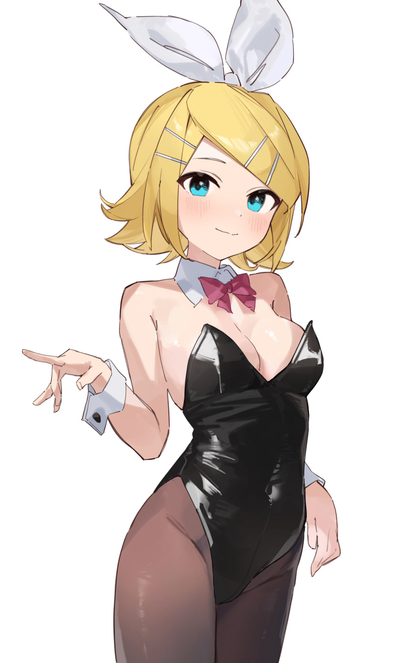 :< animal_ears bare_shoulders black_leotard blonde_hair blush bow bowtie breasts brown_pantyhose cleavage covered_navel covered_nipples detached_collar embarrassed female hair_ornament hairbow hairclip highleg highleg_leotard highres kagamine_rin large_breasts leotard looking_at_viewer medium_hair pantyhose playboy_bunny rakugaki_ningen short_hair solo strapless strapless_leotard swept_bangs vocaloid white_bow wrist_cuffs yellow_nails