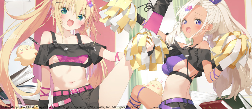 >_< 2girls :d albacore_(azur_lane) anger_vein animal archerfish_(azur_lane) asymmetrical_bangs azur_lane bare_shoulders belt belt_buckle bird black_footwear black_shirt black_skirt blonde_hair blush book boots breasts buckle chick closed_eyes commentary_request crop_top cross-laced_footwear forehead green_eyes grey_hair hair_between_eyes hair_ornament hair_ribbon hairclip highres kani_biimu lace-up_boots leg_up long_hair manjuu_(azur_lane) medium_breasts multiple_girls navel off-shoulder_shirt off_shoulder official_art pink_belt pink_socks pleated_skirt pom_pom_(cheerleading) purple_belt purple_eyes purple_ribbon purple_socks ribbon shirt skirt small_breasts smile socks standing standing_on_one_leg star_(symbol) star_hair_ornament star_in_eye symbol_in_eye tan twintails very_long_hair