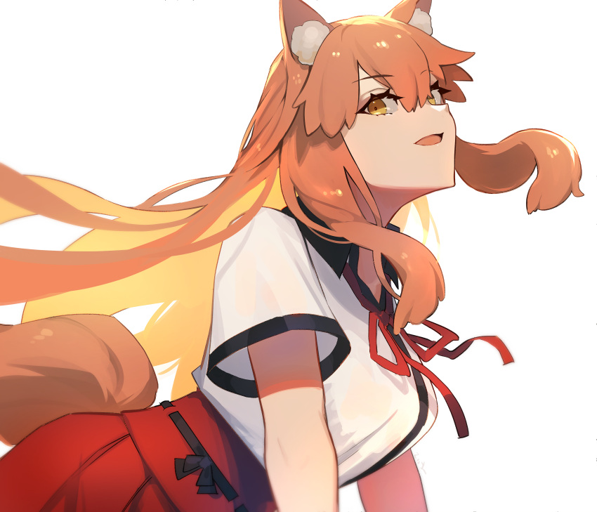 absurdres animal_ears breasts fate/extra fate/extra_ccc fate/extra_ccc_fox_tail fate_(series) female fox_ears fox_girl fox_tail highres large_breasts long_hair looking_at_viewer open_mouth orange_eyes orange_hair red_skirt shirt short_sleeves sidelocks skirt smile solo suzuka_gozen_(fate) tail tia_(cocorosso) white_shirt