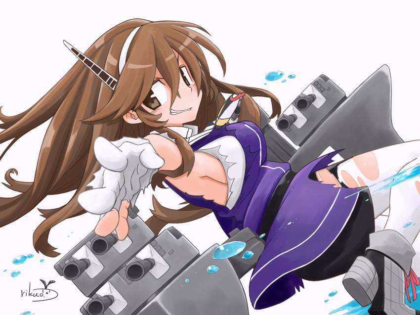 artist_name ashigara_(kancolle) ashigara_kai_ni_(kancolle) black_skirt breasts brown_eyes brown_hair commentary_request female floating_hair gloves grey_footwear grin hair_between_eyes hairband highres kantai_collection leg_up long_hair machinery medium_breasts miniskirt no_bra oerba_yun_fang pantyhose pencil_skirt rikuo_(whace) shirt sideboob skirt smile solo teeth torn_clothes torn_gloves torn_pantyhose torn_shirt torn_skirt turret v-shaped_eyebrows water white_gloves white_hairband white_pantyhose white_shirt