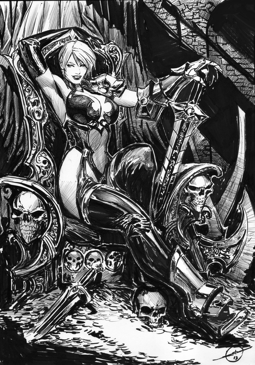 arm_over_head armor armpits bad_deviantart_id bad_id bare_shoulders boots breasts choker elbow_gloves female gauntlets gloves greyscale highres isabella_valentine large_breasts monochrome short_hair shoulder_armor sitting sitting_on_object skull smile solo soulcalibur soulcalibur_iii stjepan_sejic sword thigh_boots thighhighs treasure weapon western_comics_(style)