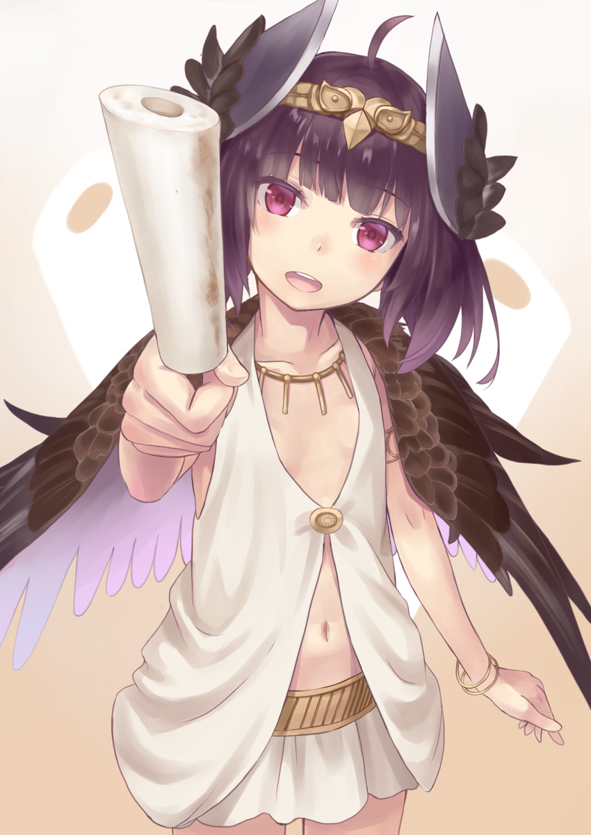 :d absurdres ahoge akaneya_himika black_wings bracelet circe_(fate) circe_(fate)_(cosplay) collarbone commentary_request cosplay doonatsu. dress fate/grand_order fate_(series) feathered_wings female food head_tilt head_wings headgear highres holding holding_food jewelry long_hair navel open_mouth pleated_skirt purple_eyes purple_hair skirt sleeveless sleeveless_dress smile solo teeth touhoku_kiritan upper_teeth_only voice_actor_connection voiceroid white_dress white_skirt wings