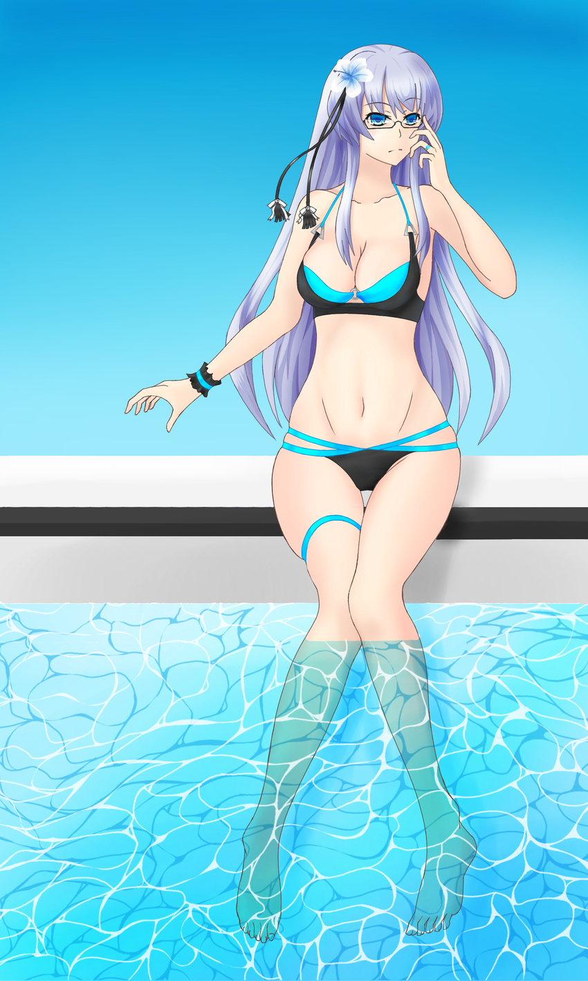 absurdres bikini blue_eyes blue_hair breasts cleavage commentary_request female flower glasses hair_flower hair_ornament highres kiseijou_rei kurai_tenshi long_hair looking_to_the_side multi-strapped_bikini_bottom multi-strapped_bikini_top navel neptune_(series) o-ring o-ring_top pool skindentation solo swimsuit thigh_gap