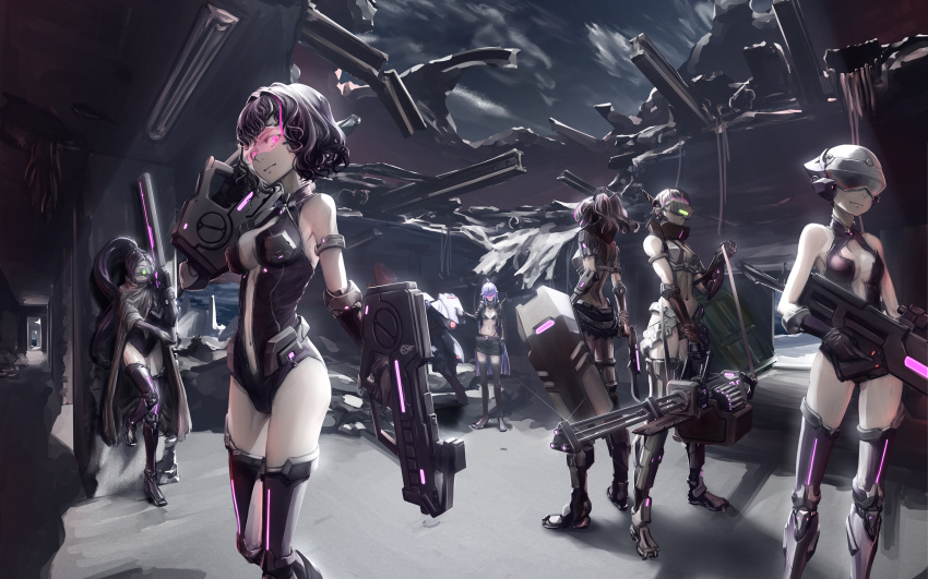 6+girls android assault_rifle ballistic_shield cloak commentary_request dragoon_(girls'_frontline) gatling_gun girls'_frontline guard_(girls'_frontline) gun handgun head-mounted_display helmet highres jaeger_(girls'_frontline) mecha_musume multiple_girls pale_skin rifle ripper_(girls'_frontline) sangvis_ferri shield sniper_rifle striker_(girls'_frontline) submachine_gun tafuu_(tortafu) vespid_(girls'_frontline) visor_cap weapon